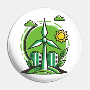 Green City Vibes: Get Powered by Renewables with our Cartoon Wind Turbine Design Pin