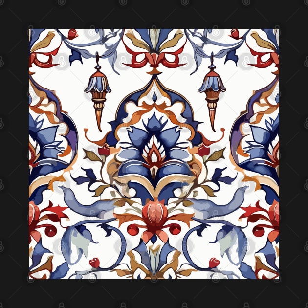 Red Blue Ottoman Pattern on White by Siha Arts