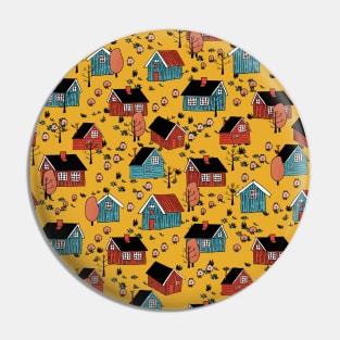 Yellow, pink, blue scandinavian wooden houses and trees without leaves with sheep Pin