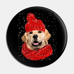 Golden Retriever Wearing Red Hat And Scarf Christmas Pin