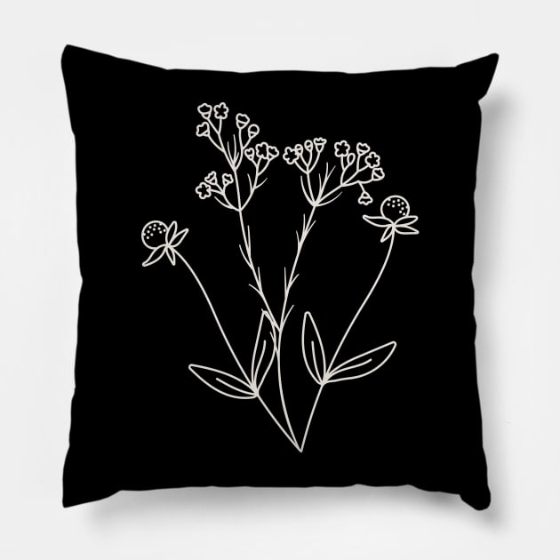 Wildflower Line Art, Elegant Flower Outline, Hand Drawn Plants Pillow by Royal Tings