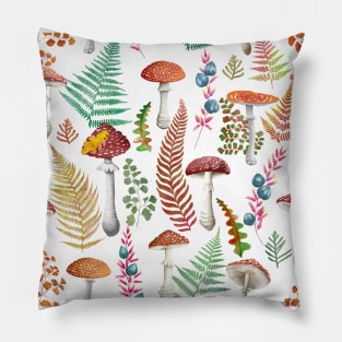 Fall fern leaves and fly agaric mushrooms seamless watercolor pattern. Autumn leaves, red poison mushrooms. Autumn print Pillow