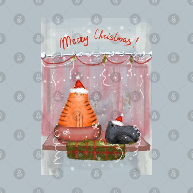 Merry Christmas greeting winter card with cute fluffy cats in red Santa hats and scarves by Olena Tyshchenko