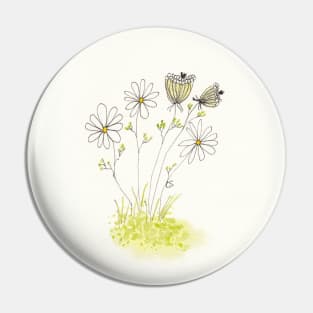 Queen Anne's Lace and Daisies in Pen Ink and Watercolor Pin