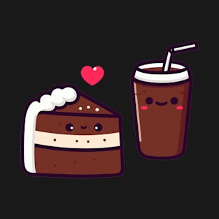 Kawaii Chocolate Cake and Cola Drink Couple with a Heart | Cute Kawaii Food Art T-Shirt