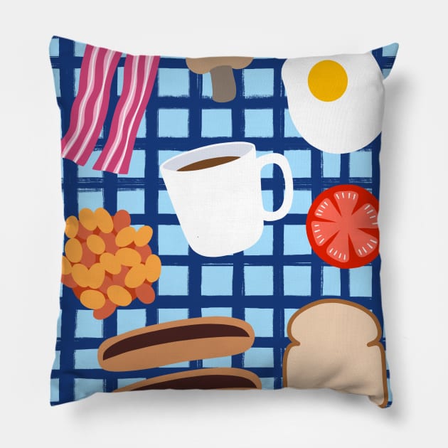 Fried Breakfast on Blue Check Pillow by OneThreeSix