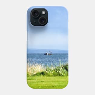 Fishing boat moving along the coast at Peninver, Scotland Phone Case