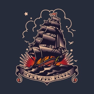Traditional Tattoo Ship and sunset Homeward Bound T-Shirt