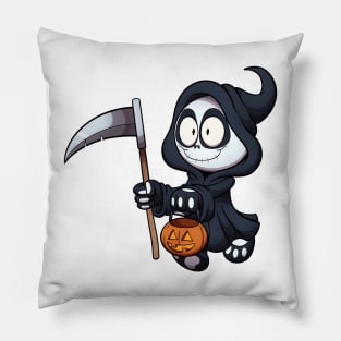 Kid In Reaper Costume Trick Or Treating Pillow