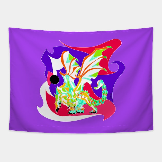 purple kaiju manticore ecopop monster art Tapestry by jorge_lebeau