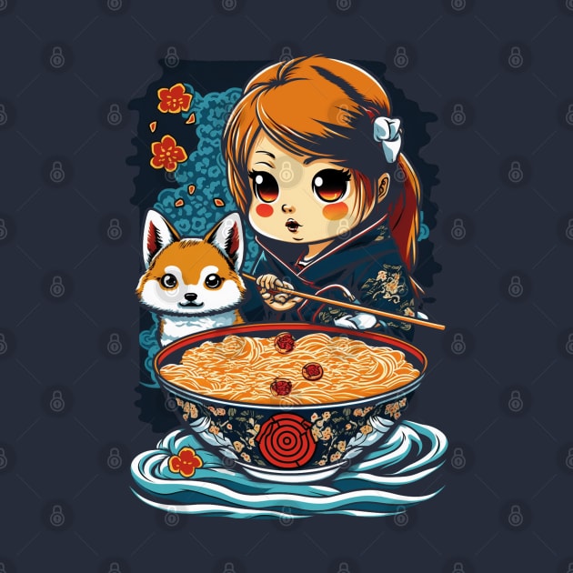 Cute kawaii girl with Shiba Inu dog loves ramen by tatadonets