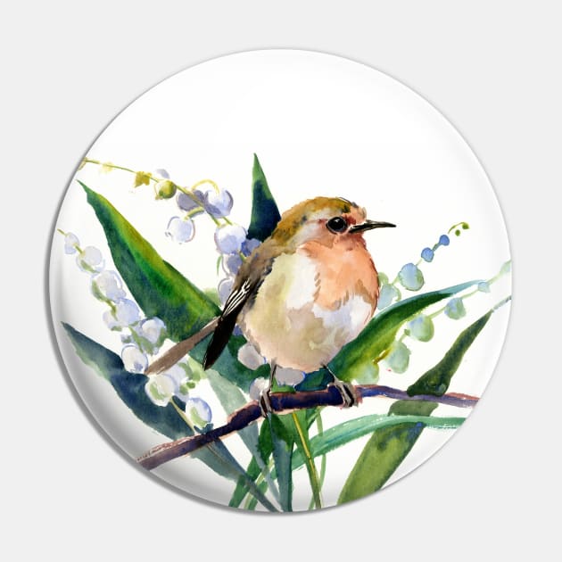 Robin Bird and Lilies of the Valley Flowers Pin by surenart