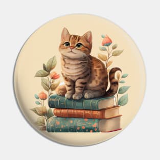 Cute Cottagecore Cat on Books Pin