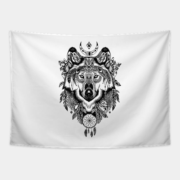 Wicca Wolf Design With a Moon and Dreamcatcher Tapestry by kamodan