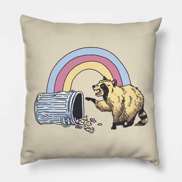 Rainbow raccon in the trash Pillow by Christyn Evans