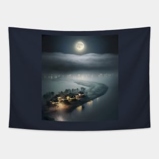 A view from sky of a full moon floating over clouds overlooking beach village Tapestry