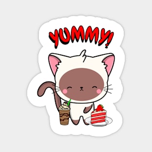 Cute white cat is having coffee and cake Magnet