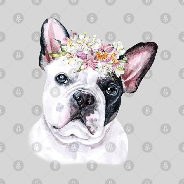 Cute French Bulldog with Pink Flower Hair Wreath Illustration Art by AdrianaHolmesArt