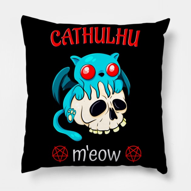 Cthulhu Cat Funny Horror Kawaii Cathulhu M'Eow Pillow by Foxxy Merch