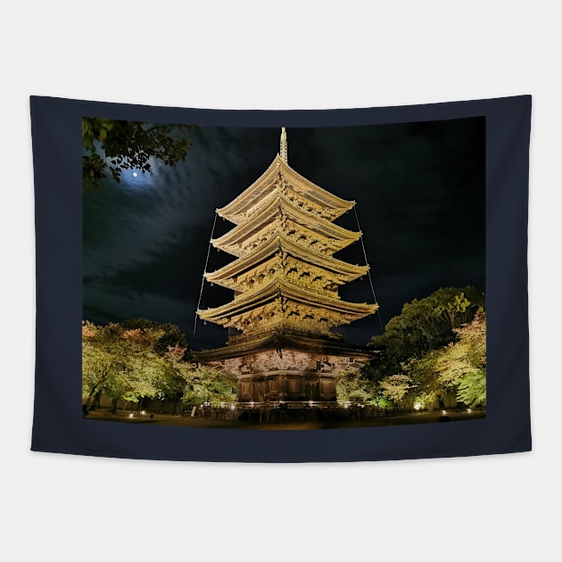 Toji temple at night Tapestry by ellaine13