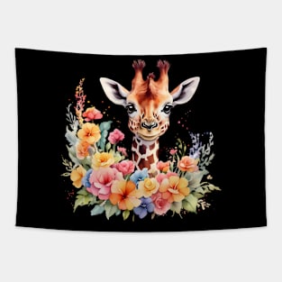 A giraffe decorated with beautiful watercolor flowers Tapestry