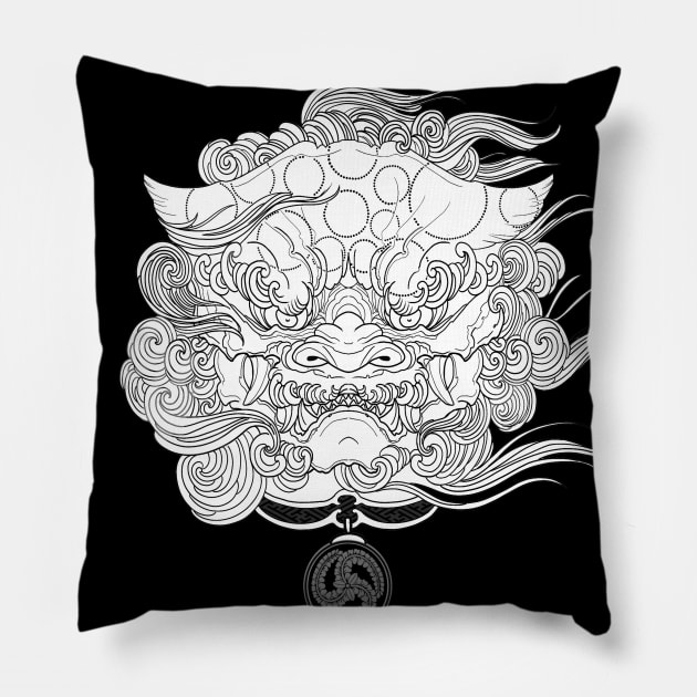 Karajishi, Japanese Design komainu, Foo dog, horimono - white Pillow by Blacklinesw9