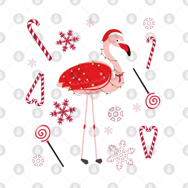 Flamingo with Christmas candy and snowflakes by GULSENGUNEL