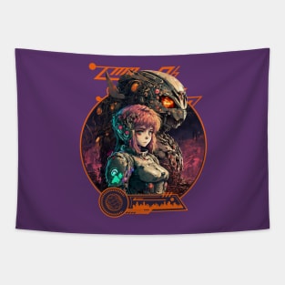 Mecha Anime Girl and Cyborg Cyberpunk Futuristic Tapestry