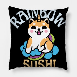 Shiba Inu Unicorn Kawaii Illustration With Rainbow And Cloud Pillow