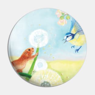 Hazel Dormouse & Great Tit Illustration Pin