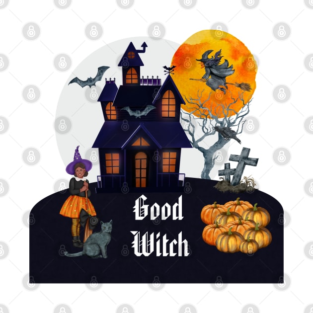 Spooky Halloween good witch and haunted house by AJ techDesigns