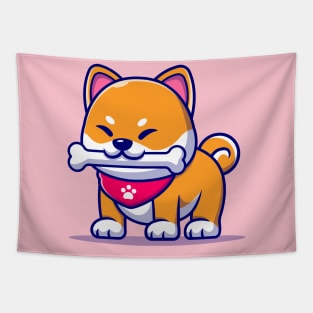 Cute Shiba Inu Dog Bite Bone Cartoon Tapestry