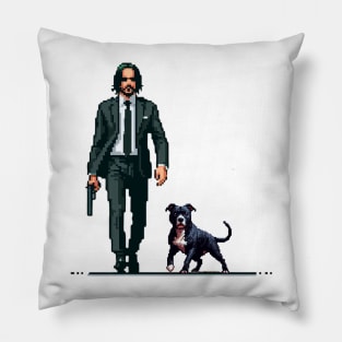 Pixel John Wick and His Pitbull Dog Retro Pillow