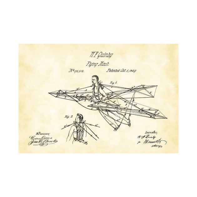 Man Power 1869 Flying Machine, original patent drawing parchment background by QualitySolution