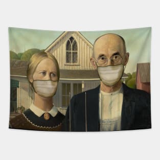 Famous Painting Americana Masked Farmer and Wife Tapestry