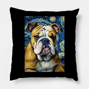 English Bulldog Dog Breed Painting in a Van Gogh Starry Night Art Style Pillow