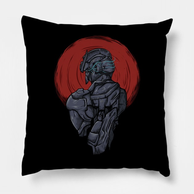 Red Moon Robot Fighter Pillow by oncemoreteez