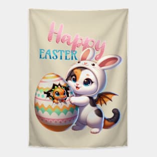 Happy Easter bunny cat with dragon baby Tapestry