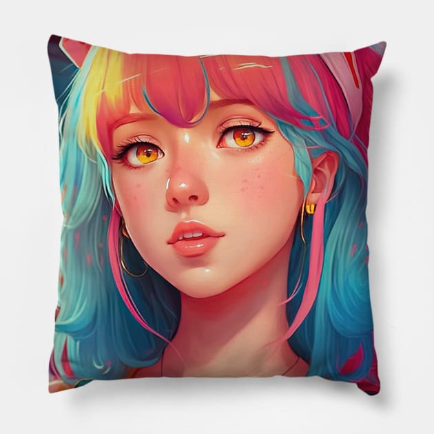 Bella Poarch Kawaii Anime Egirl Rainbow colored hair Pillow by geekmethat