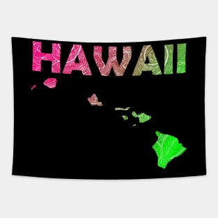 Colorful mandala art map of Hawaii with text in pink and green Tapestry