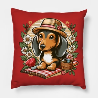 Cute Dachshund Dog Sitting in Flowers Pillow