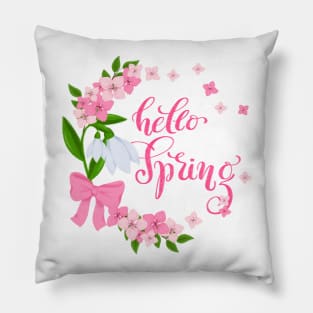 Spring wreath with snowdrops and cherry blossom and calligraphy "Hello Spring" Pillow