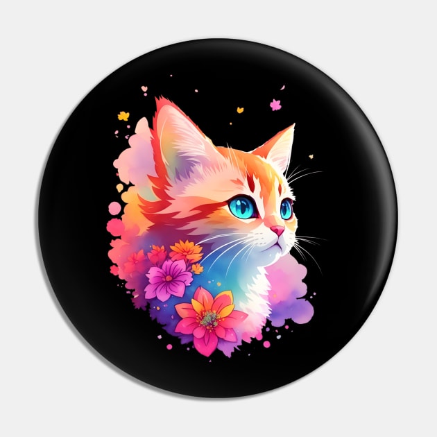 Colorful Watercolor Cute Cat Pin by PlayfulPrints