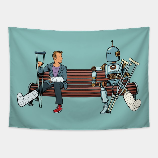 Human And Robot With Broken Legs Tapestry by waltzart