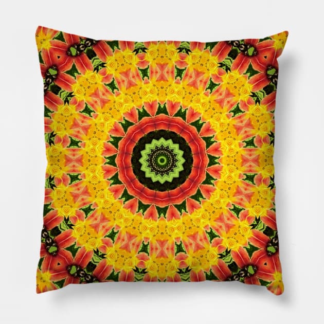 Mandala Kaleidoscope in Shades of Red, Green, and Yellow Pillow by Crystal Butterfly Creations