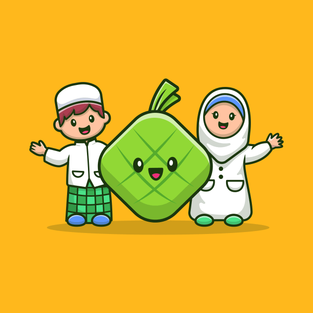 Moslem Couple With Cute Ketupat Cartoon Illustration by Catalyst Labs