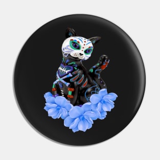 Day Of The Dead Sugar Skull Cat Blue Flowers Pin