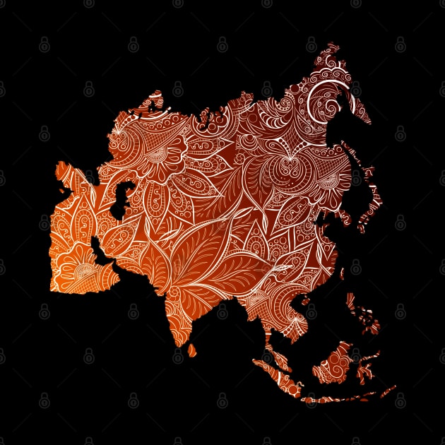 Colorful mandala art map of Asia with text in brown and orange by Happy Citizen