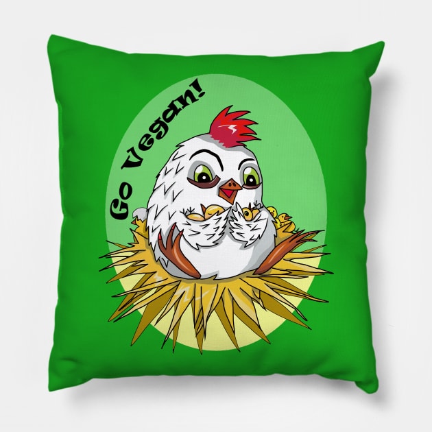 Mother hen says Go Vegan! Pillow by cuisinecat