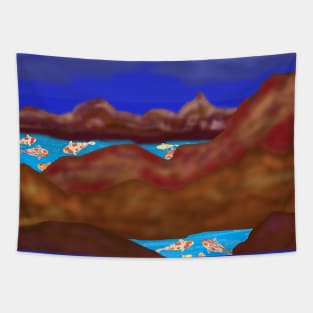 Koi Fish and Mountains (Square) Tapestry